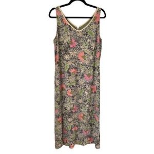 SIGRID OLSEN Sport Sleeveless Dress Green Floral Sz 10 Long Lace Trim V Neck Vtg